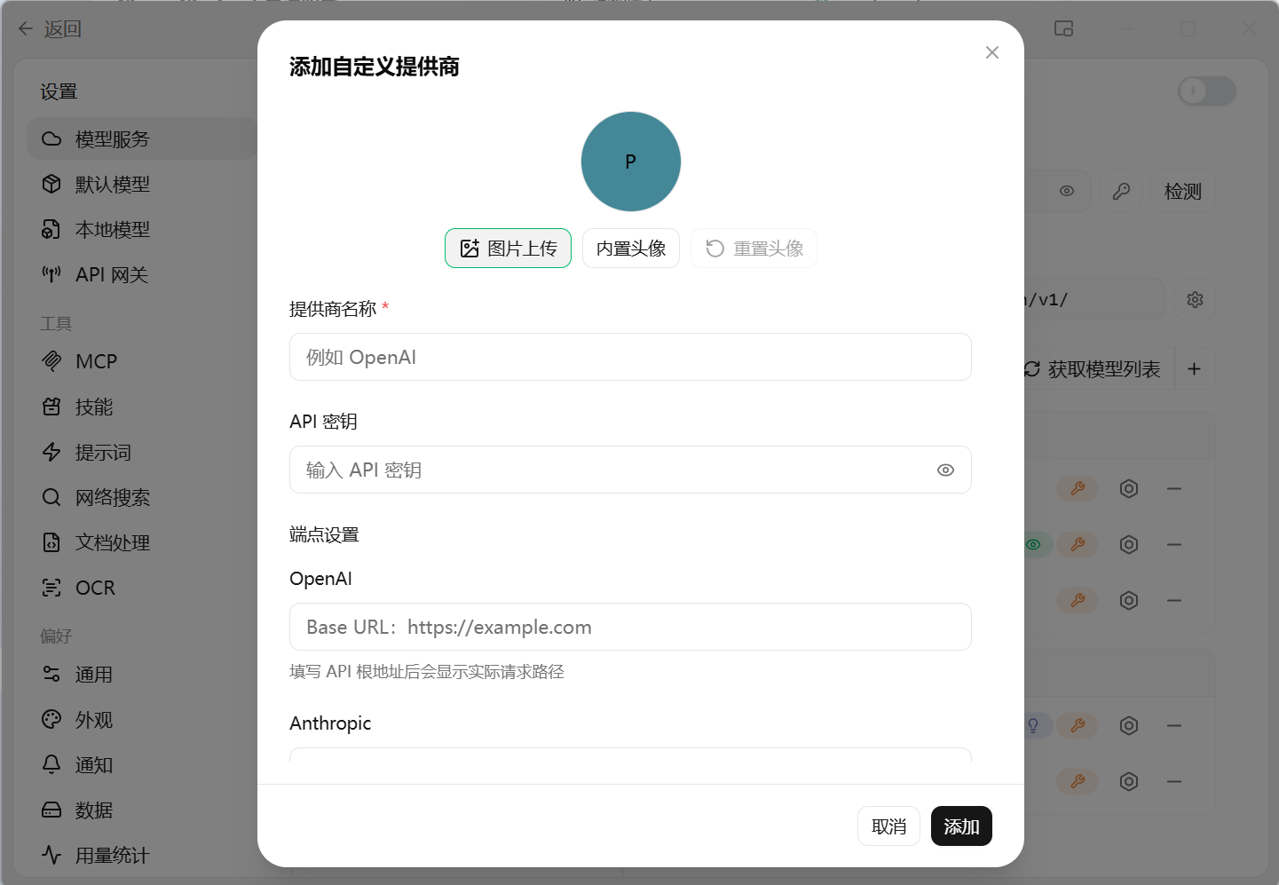 Cherry Studio 添加自定义提供商的空表单，包含 API 密钥和端点设置